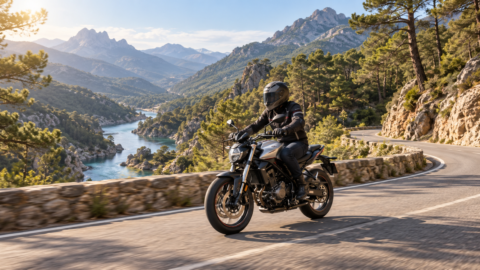 Moto légère sur une route de montagne et de forêt
