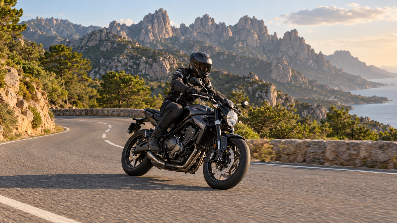 Moto roadster sur une route aux paysages montagneux