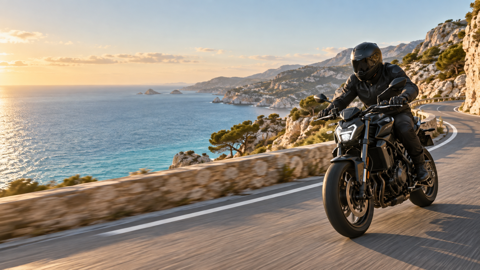 Motard sur une route côtière méditerranéenne